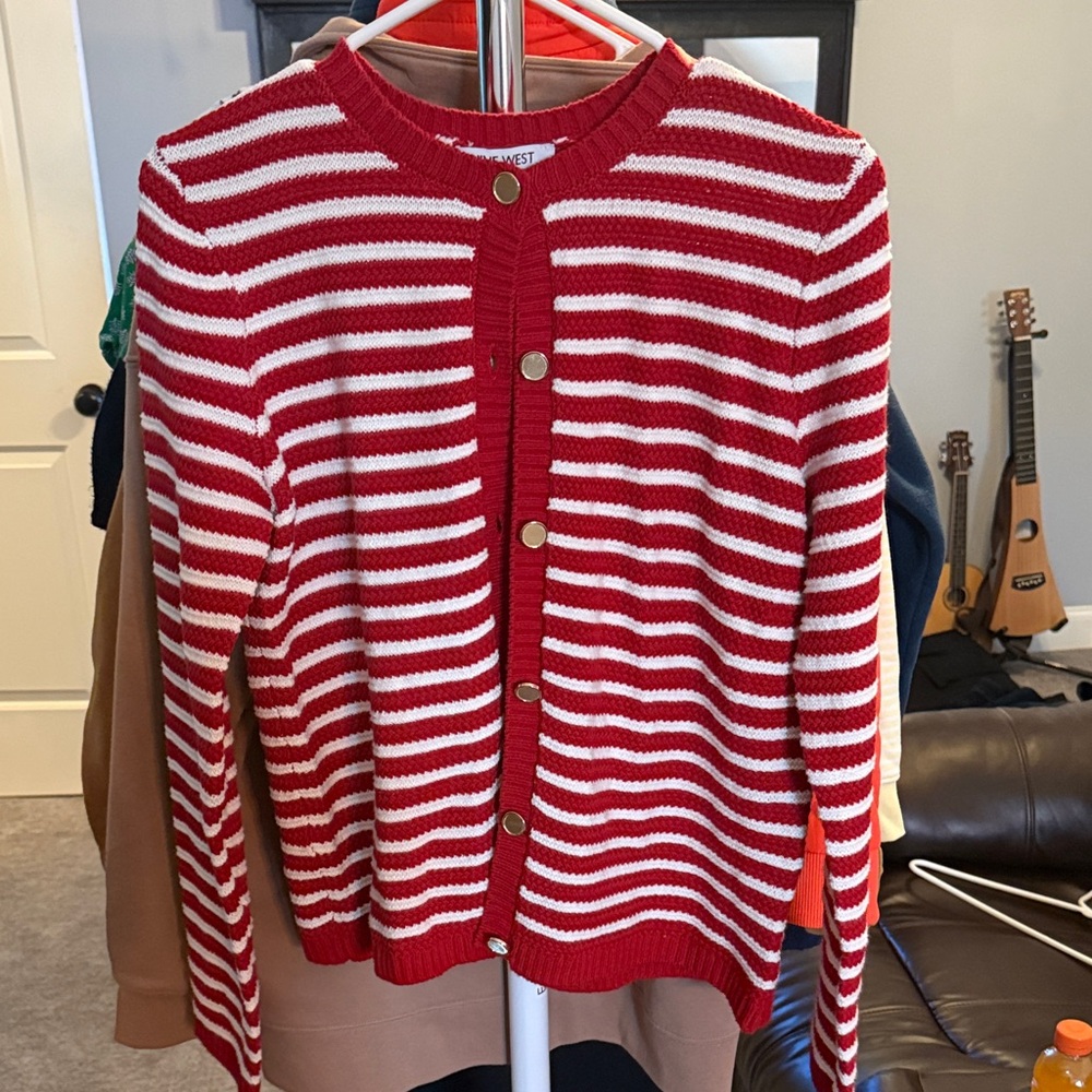 Nine West Red and White Striped Button-Front Cardigan